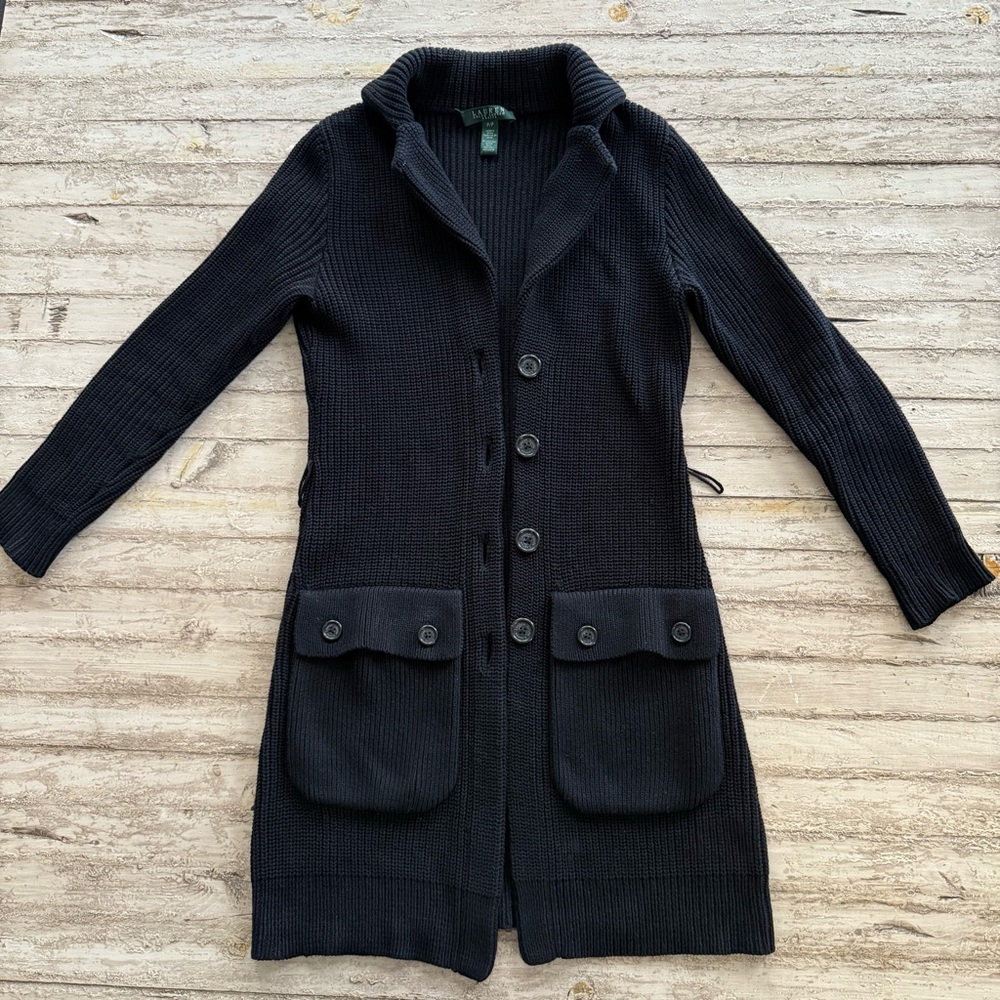Ralph Lauren Black Long Button Up Cardigan Women’s Size Small Thick Knit